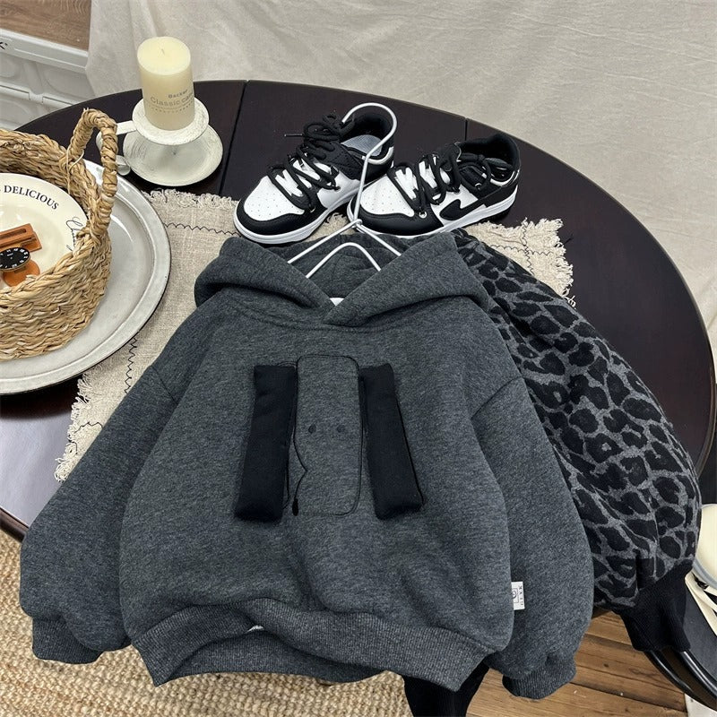 Boys Dark Grey Fleece Hoodie 3D Dog Decoration Pullover