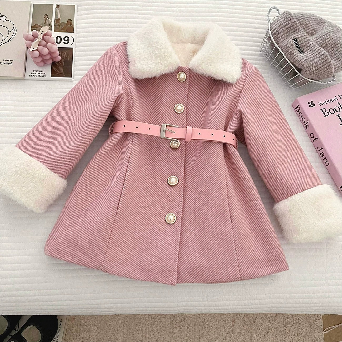 Girls Pink Princess Coat Sweet Long Fleece Trench Coat With Large Lapel