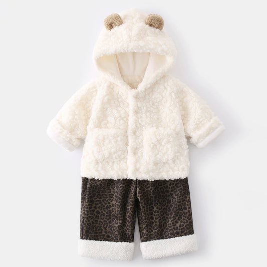 Conjunto de 2 piezas de pantalón y sudadera de forro polar blanco para bebé y niño pequeño