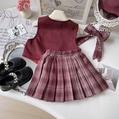 Girls Bow-Decorated Fleece-Lined Vest and Plaid Pleated Skirt (2-Piece Set)