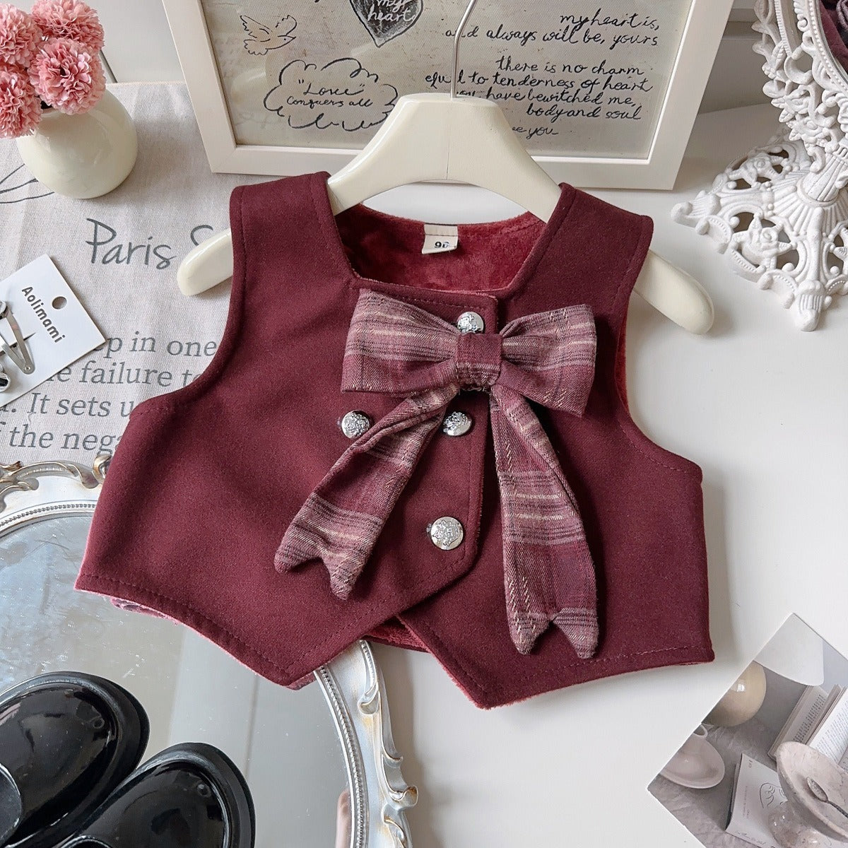 Girls Bow-Decorated Fleece-Lined Vest and Plaid Pleated Skirt (2-Piece Set)