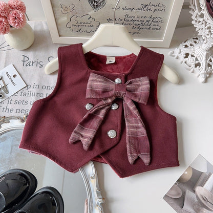 Girls Bow-Decorated Fleece-Lined Vest and Plaid Pleated Skirt (2-Piece Set)