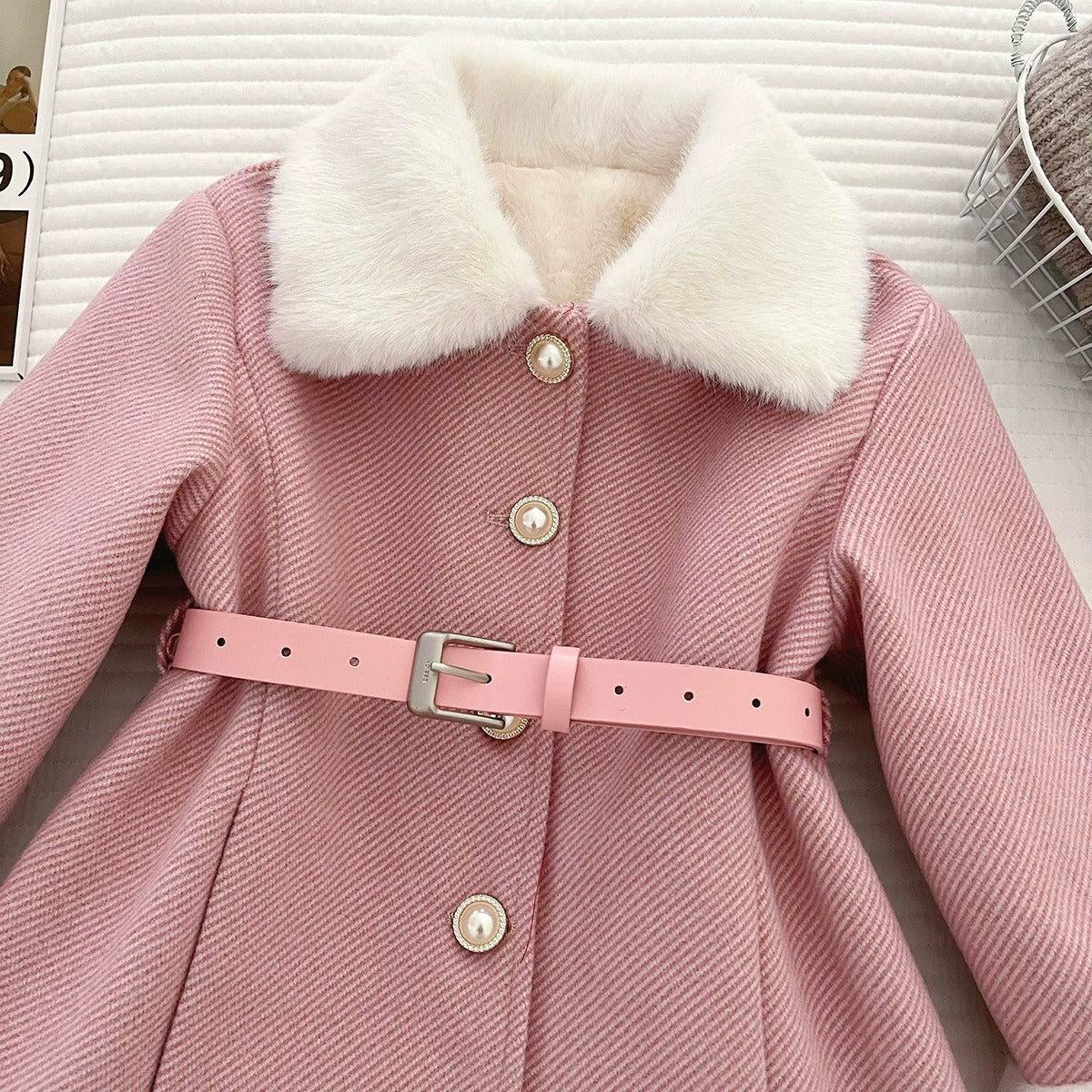 Girls Pink Princess Coat Sweet Long Fleece Trench Coat With Large Lapel
