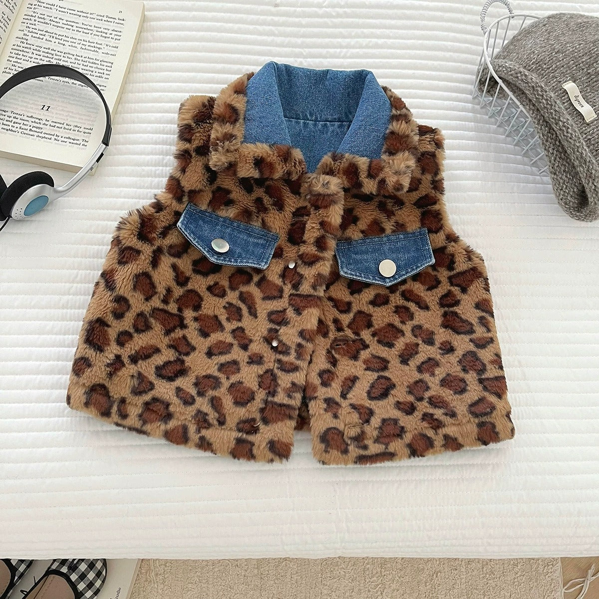Gilet en jean chaud matelassé pour enfants, Manteau sans manches tendance en jean et léopard pour garçons et filles