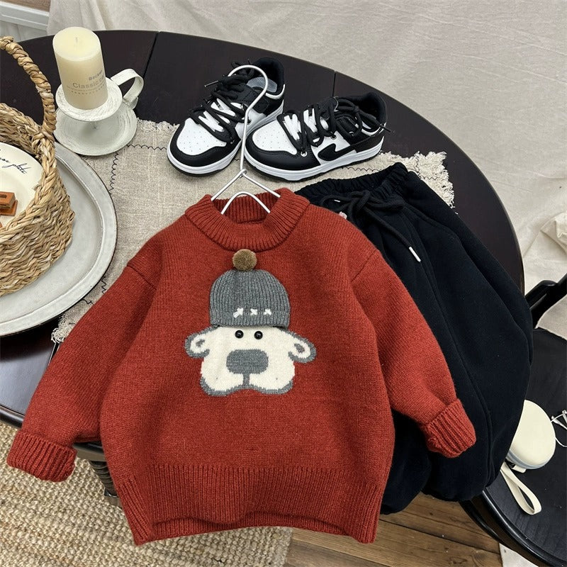 Haut en molleton rouge tricoté pour garçons, col rond, avec décor chien-au-chapeau