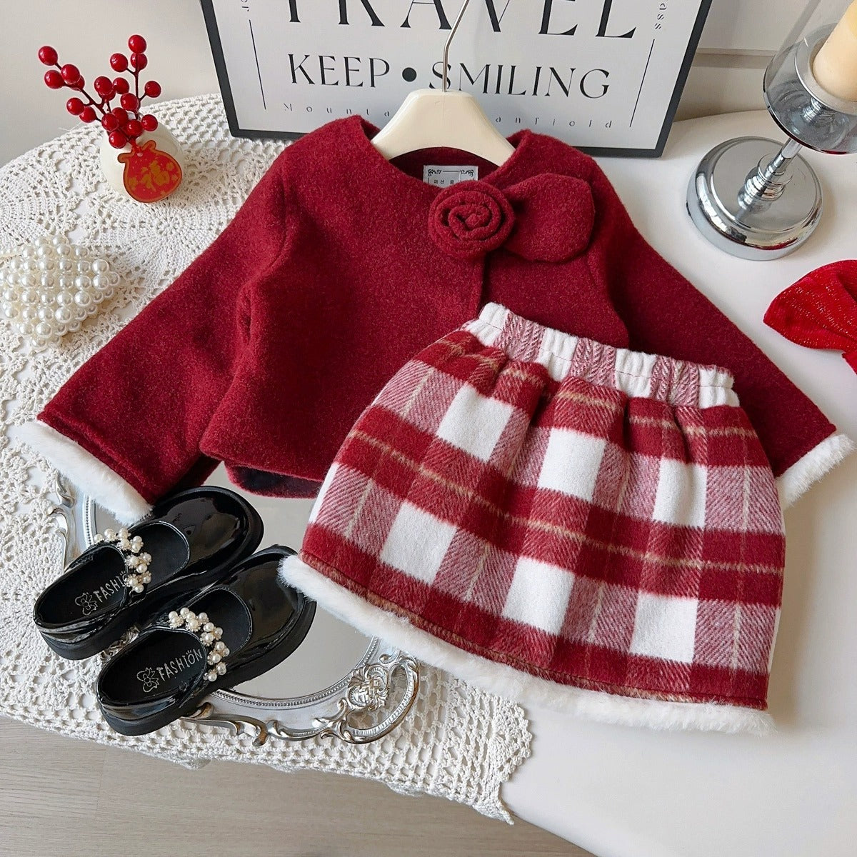Girls Red Quilted Jacket and Plaid Skirt 2-Piece Set Festive Outfit (Age 2T-8)