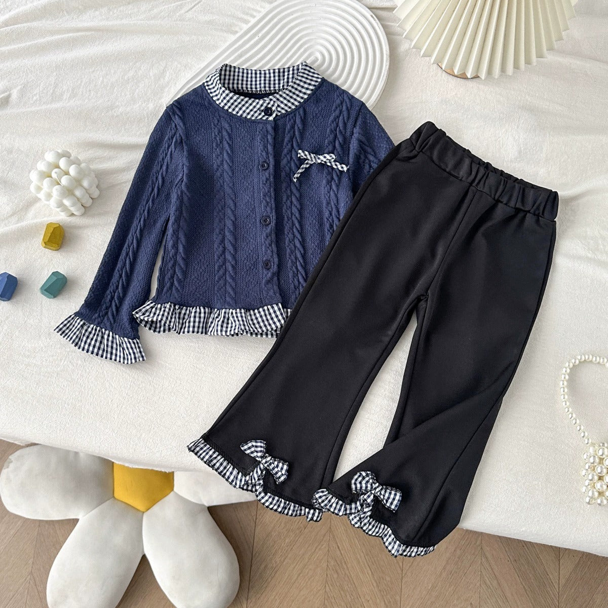 Ensemble 2 pièces mode fille gilet en maille bleu marine et pantalon évasé pour 2-8 ans