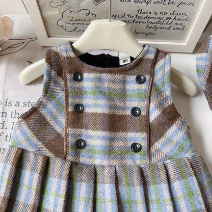 Girls Blue And Brown Plaid Pleated Dress With Cap