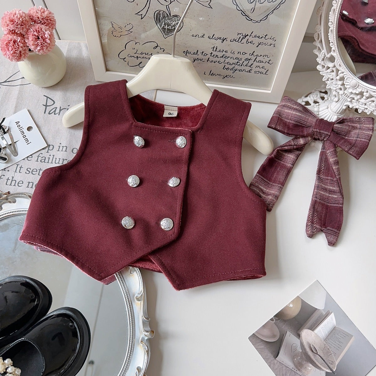 Girls Bow-Decorated Fleece-Lined Vest and Plaid Pleated Skirt (2-Piece Set)