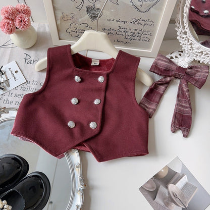 Girls Bow-Decorated Fleece-Lined Vest and Plaid Pleated Skirt (2-Piece Set)