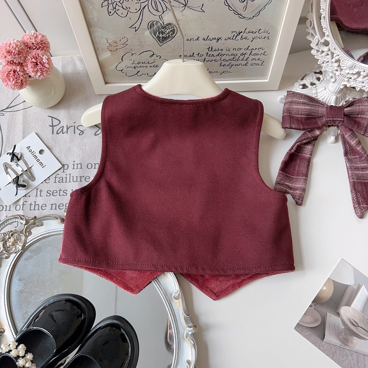 Girls Bow-Decorated Fleece-Lined Vest and Plaid Pleated Skirt (2-Piece Set)