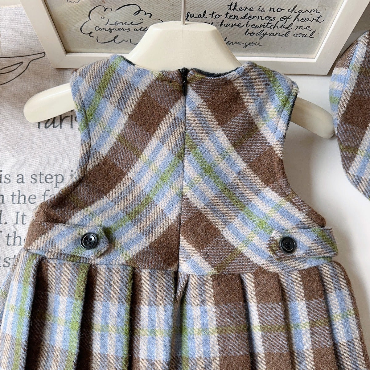 Girls Blue And Brown Plaid Pleated Dress With Cap
