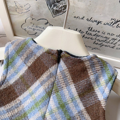 Girls Blue And Brown Plaid Pleated Dress With Cap