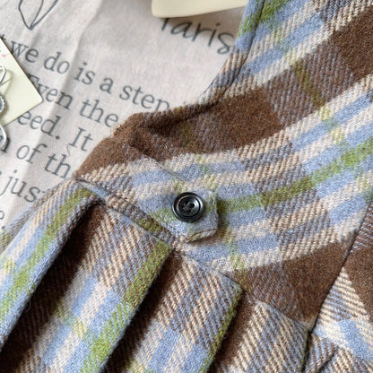 Girls Blue And Brown Plaid Pleated Dress With Cap