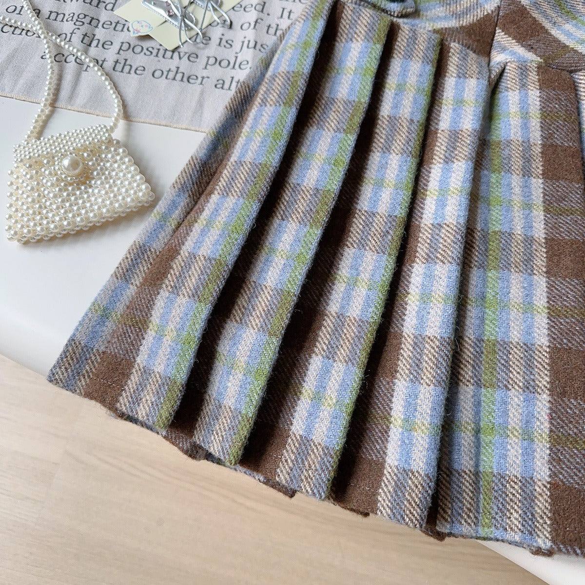 Girls Blue And Brown Plaid Pleated Dress With Cap