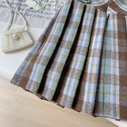 Girls Blue And Brown Plaid Pleated Dress With Cap