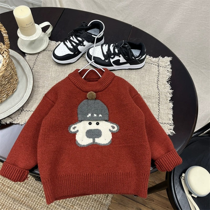 Haut en molleton rouge tricoté pour garçons, col rond, avec décor chien-au-chapeau