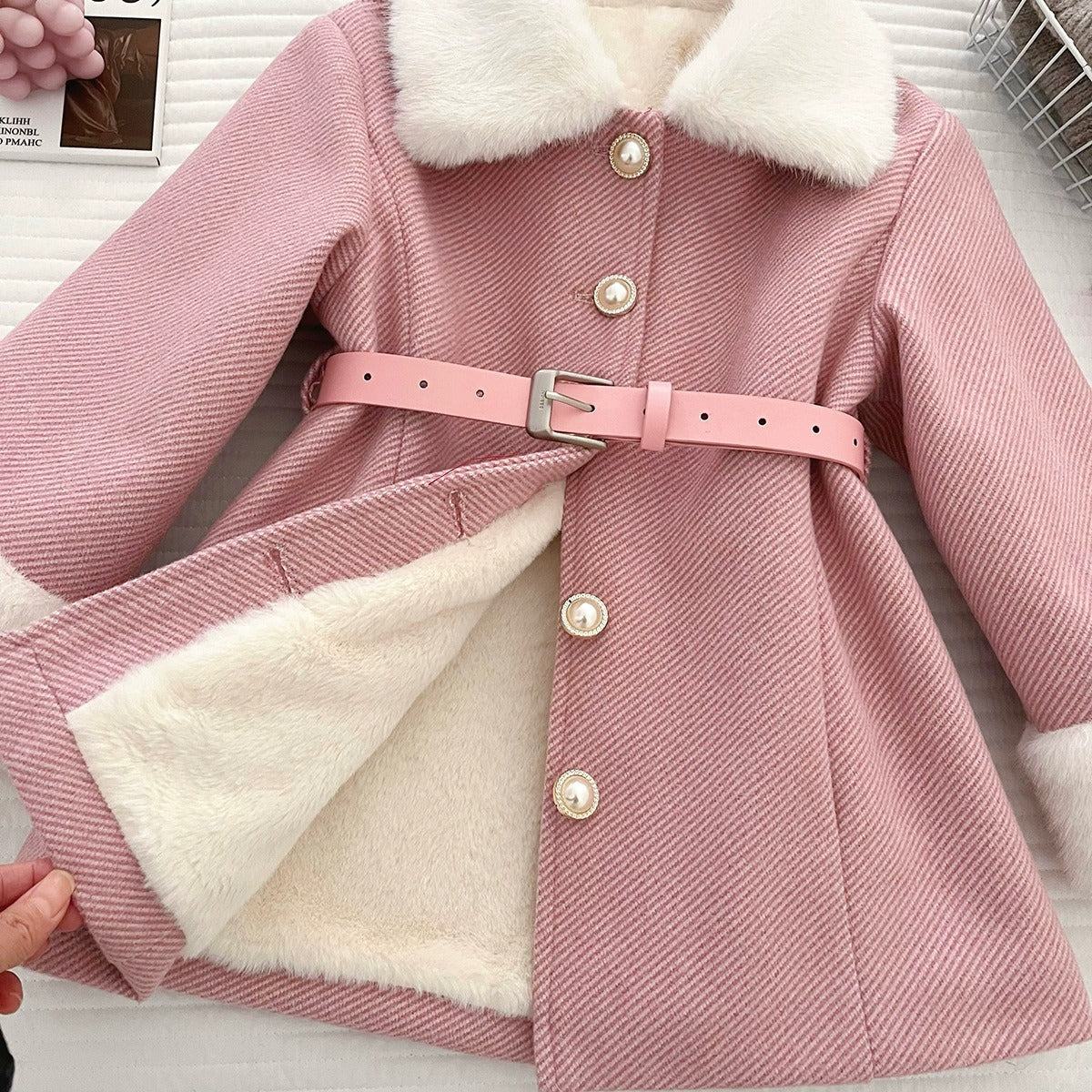 Girls Pink Princess Coat Sweet Long Fleece Trench Coat With Large Lapel