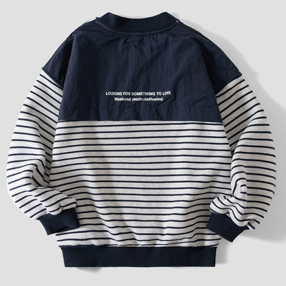 Boys Grey Stripe Fleece Sweatshirt Fashion Pullover with Little Pocket
