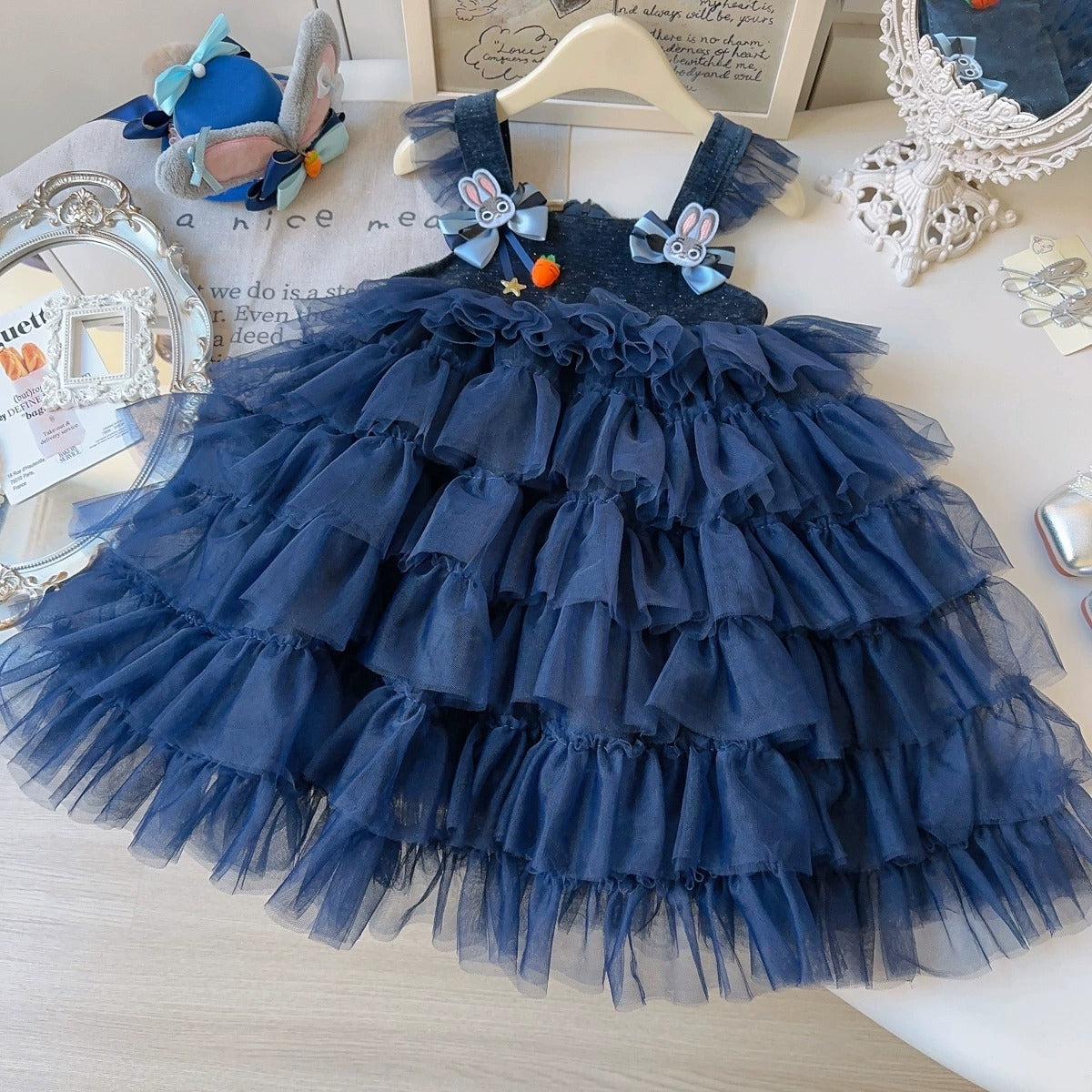 Girls Warm Bunny Cake Tutu Dress Blue Fleece-Lined Tiered Tulle Dress