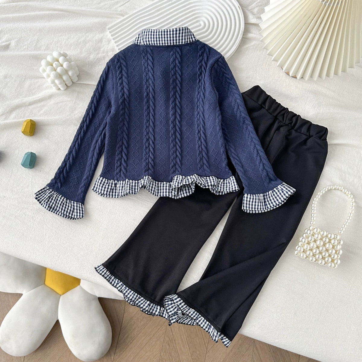 Ensemble 2 pièces mode fille gilet en maille bleu marine et pantalon évasé pour 2-8 ans