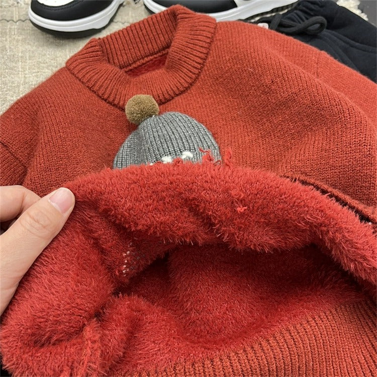 Haut en molleton rouge tricoté pour garçons, col rond, avec décor chien-au-chapeau