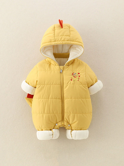 Yellow Baby Hooded Romper Cute Padded Jumpsuit with Cartoon Print