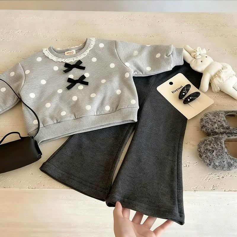 Girls Two-Piece Outfit Set Grey Polka Dot Top with Bow Detail & Black Bell Bottom Pants