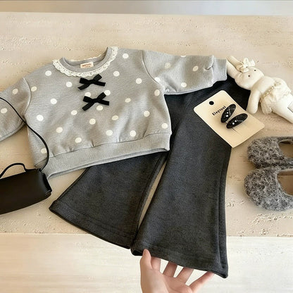 Girls Two-Piece Outfit Set Grey Polka Dot Top with Bow Detail & Black Bell Bottom Pants