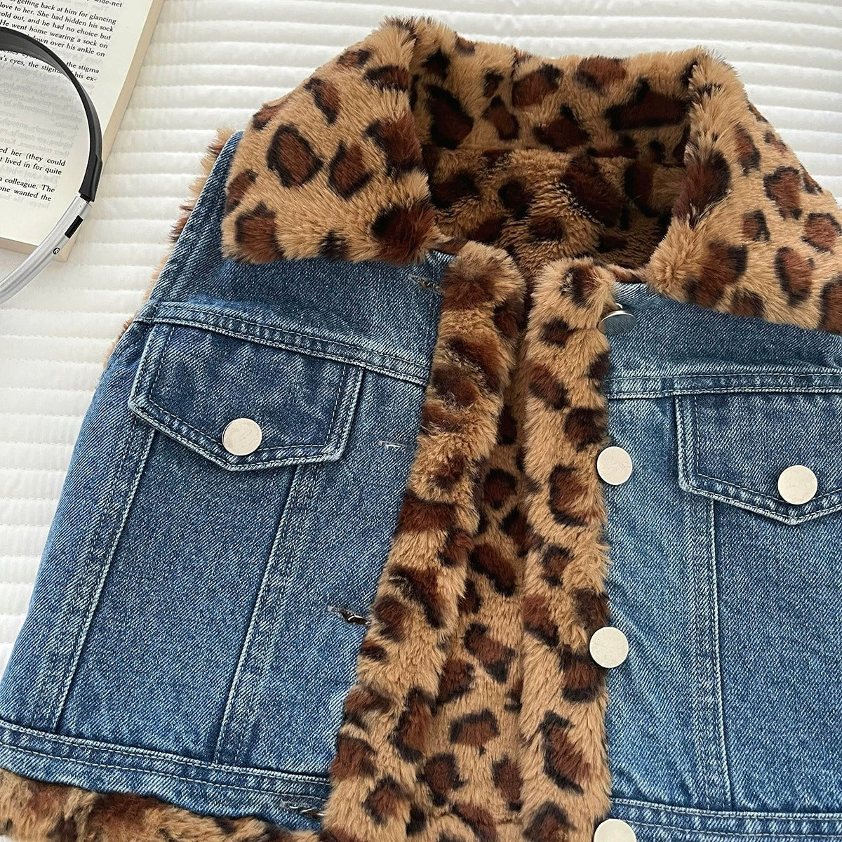 Gilet en jean chaud matelassé pour enfants, Manteau sans manches tendance en jean et léopard pour garçons et filles