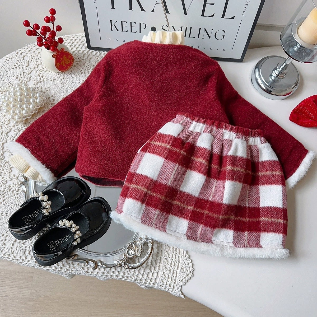 Girls Red Quilted Jacket and Plaid Skirt 2-Piece Set Festive Outfit (Age 2T-8)