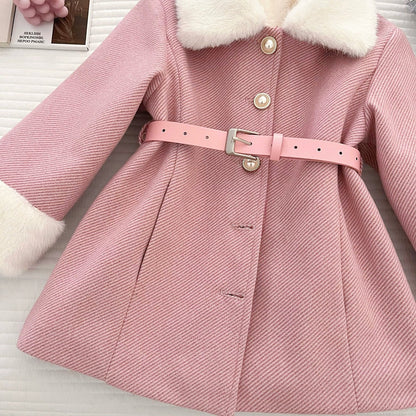 Girls Pink Princess Coat Sweet Long Fleece Trench Coat With Large Lapel