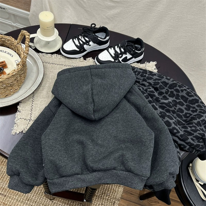 Boys Dark Grey Fleece Hoodie 3D Dog Decoration Pullover