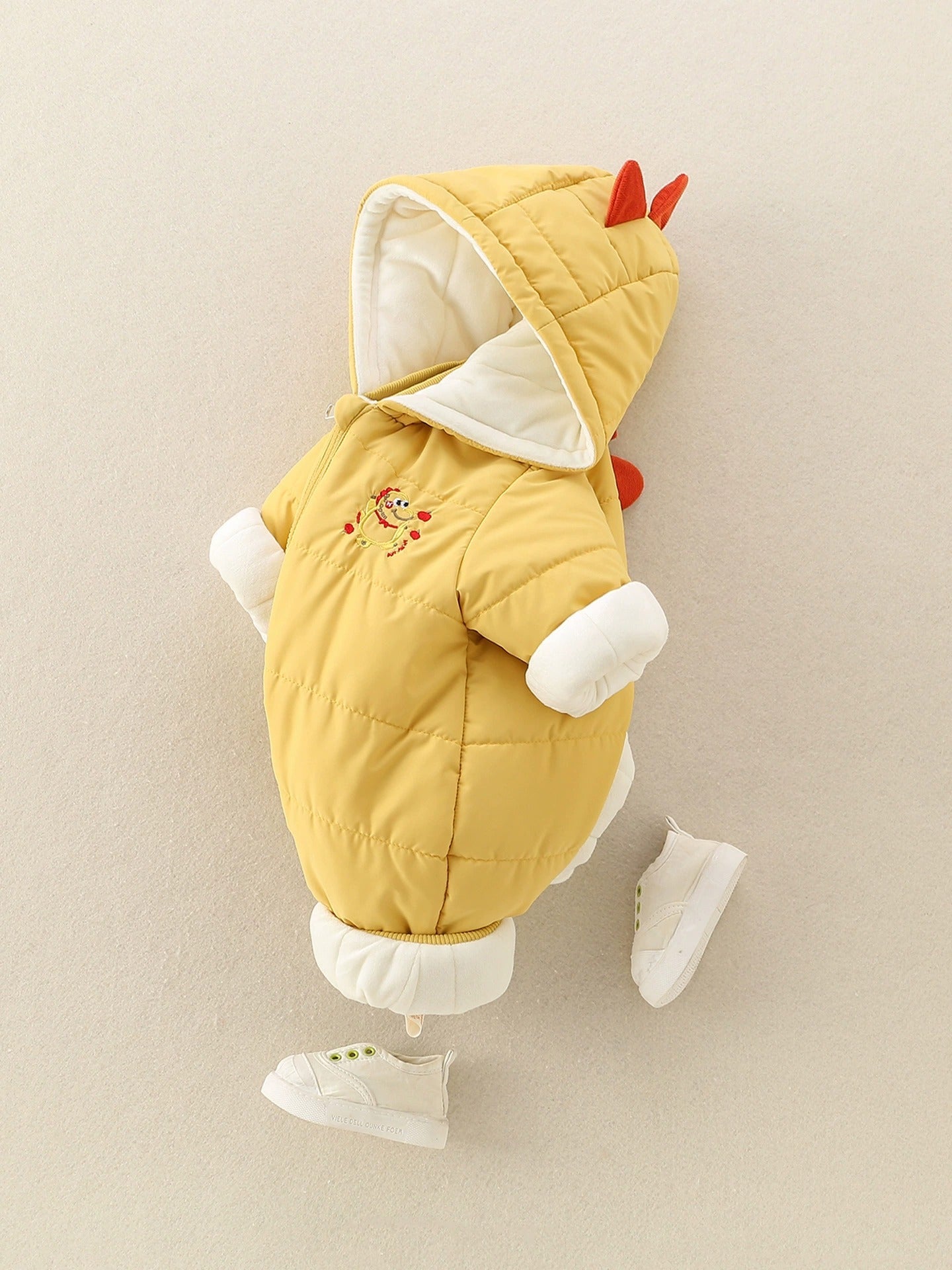 Yellow Baby Hooded Romper Cute Padded Jumpsuit with Cartoon Print