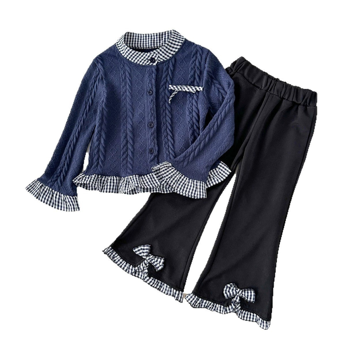 Ensemble 2 pièces mode fille gilet en maille bleu marine et pantalon évasé pour 2-8 ans