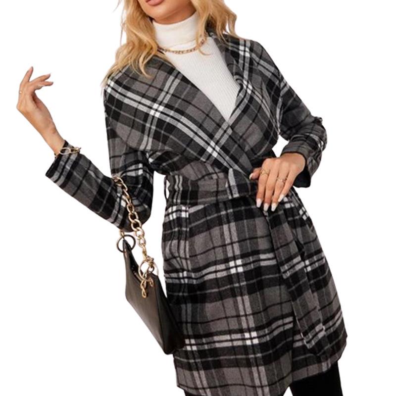 Manteau décontracté à carreaux noirs et blancs, ouvert sur le devant, à manches longues et ceinturé