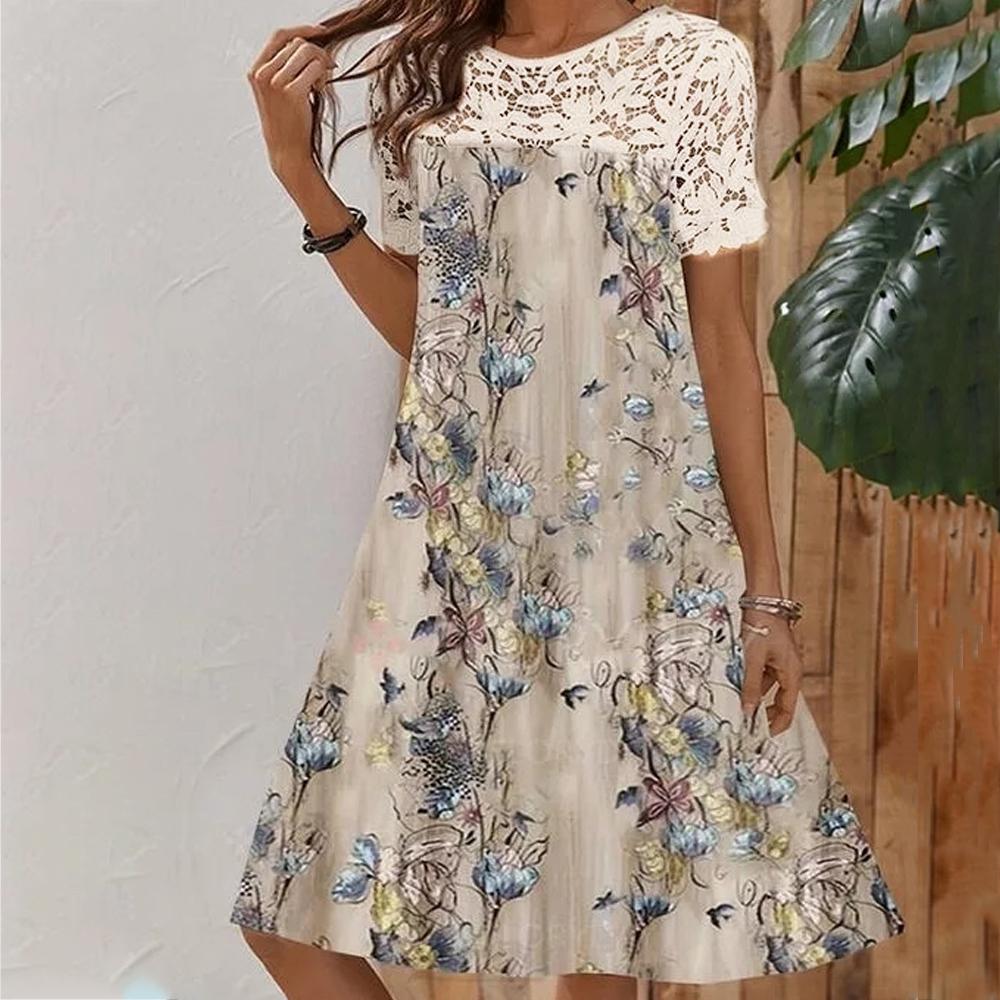 Floral Printed Lace Patchwork Short Sleeve Dress