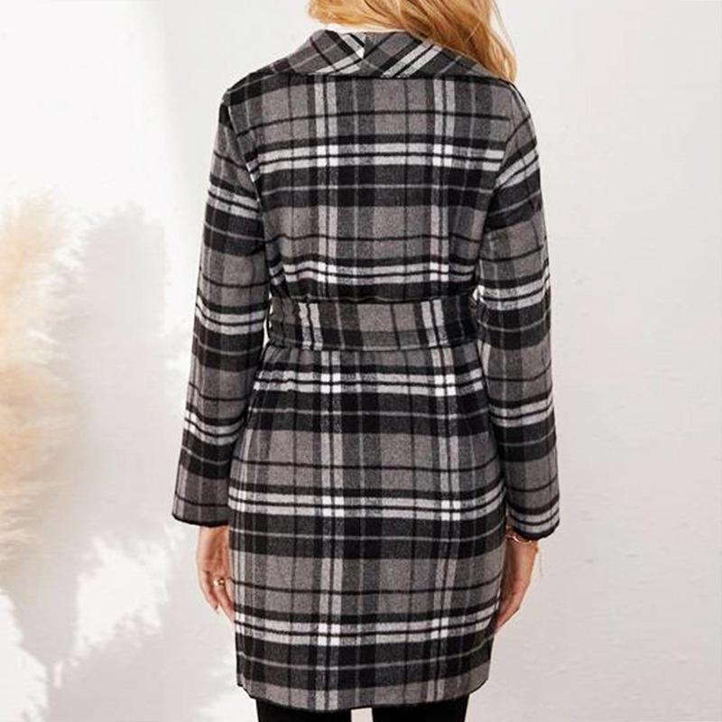Manteau décontracté à carreaux noirs et blancs, ouvert sur le devant, à manches longues et ceinturé