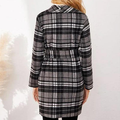 Manteau décontracté à carreaux noirs et blancs, ouvert sur le devant, à manches longues et ceinturé