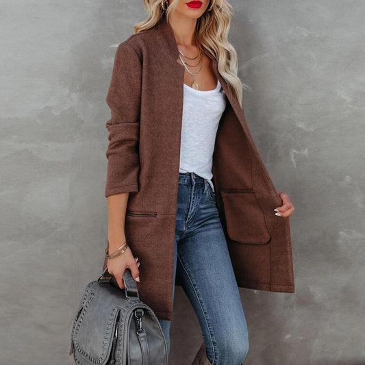 Brown Open Front Stand Collar Blazer Zipper Detail Dual Pockets Women Cardigan