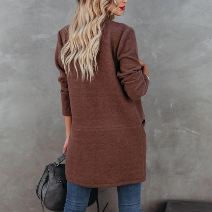Brown Open Front Stand Collar Blazer Zipper Detail Dual Pockets Women Cardigan