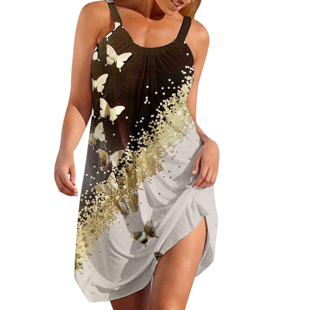Robe cache-cœur à fines bretelles, imprimé papillons, plantes et rayures