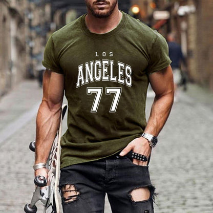 Camiseta de manga corta con cuello redondo y estampado de letras y números para hombre