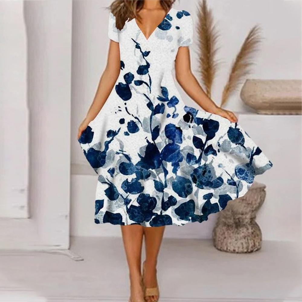Robe à manches courtes à col en V à imprimé floral aléatoire