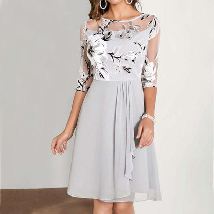 Robe asymétrique à ourlet, en maille, imprimé floral et col rond gris