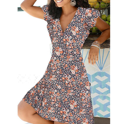 Robe à manches courtes col en V imprimé lys
