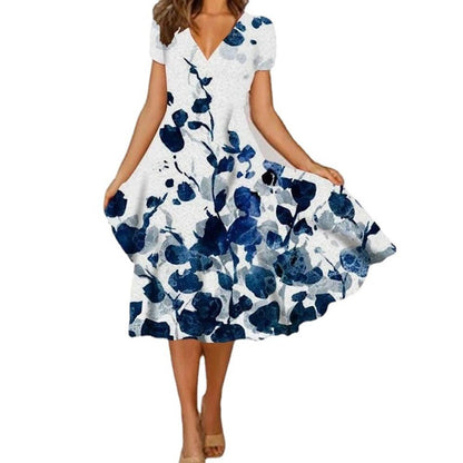 Robe à manches courtes à col en V à imprimé floral aléatoire