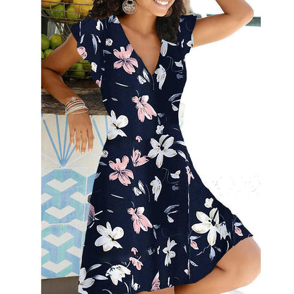 Robe à manches courtes col en V imprimé lys