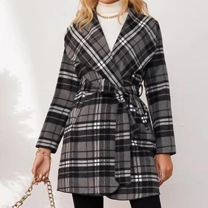 Manteau décontracté à carreaux noirs et blancs, ouvert sur le devant, à manches longues et ceinturé