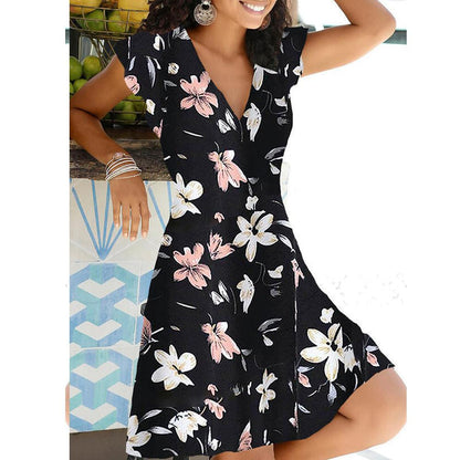 Robe à manches courtes col en V imprimé lys